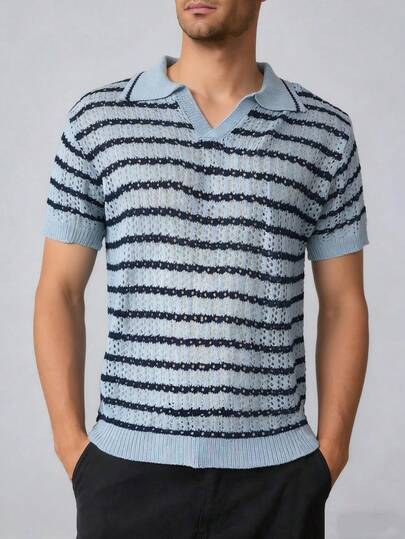 Airaco 2026 Spring/Summer Men's Striped Casual Versatile Commute Knit Short Sleeve Top
