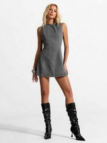 Jeanoix 女士纯色无袖露背系带时尚牛仔夏季连衣裙 - 深灰色 - 查看 5