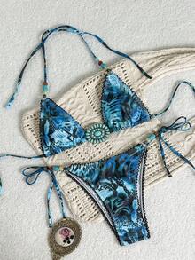 Swim SXY Conjunto de bikini de mujer con estampado de leopardo digital, floral, con cuentas y flecos, sexy y de alta gama, para primavera/verano/otoño - Multicolor - Ver 4