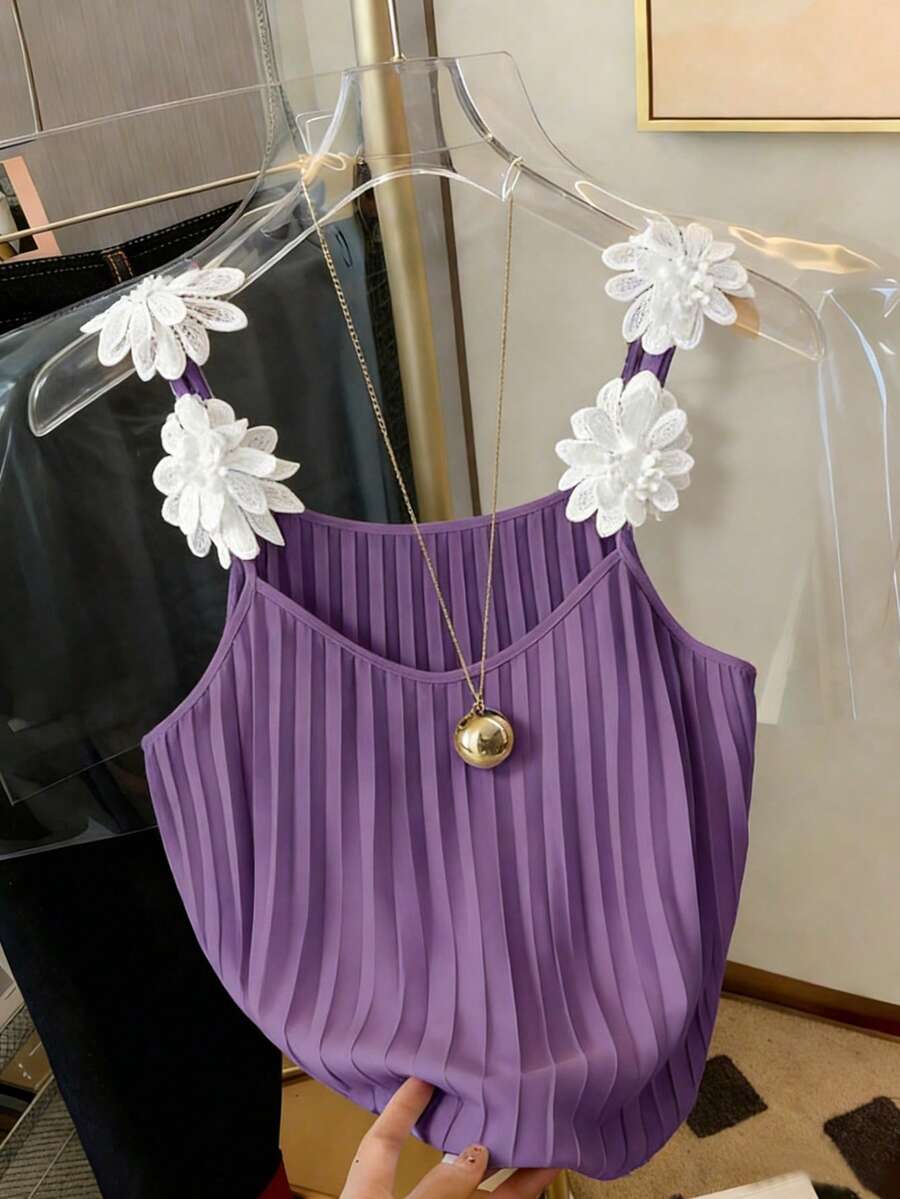 Linhara 大码女式纯白色褶皱花卉装饰吊带背心,优雅日常穿着 - 紫色 - 查看 1