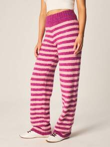 MISSGUIDED Women's Fuzzy Striped Straight Leg Sweater Pants High Waisted Cozy Knit Loungewear Casual Winter Fall Comfort Trousers - Multicolor - View 5