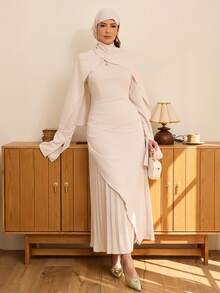 SHEIN Raffinéa 女士优雅圆领腰部褶皱不对称下摆褶皱连衣裙 - 杏色 - 查看 6