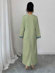 Yasmyna 女士宽松长袖碎花镂空领连衣裙 - 綠色 - 查看 2