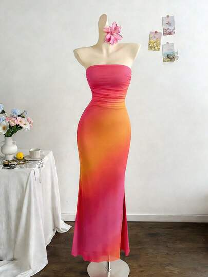 Rafferiza Vestido de fiesta elegante de mujer con cintura fruncida, estampado de malla teñida anudada y abertura lateral