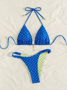 Swim Mod 女士夏季新款撞色波点印花双面露背系带性感比基尼套装，适合海滩度假 - 彩色 - 查看 5