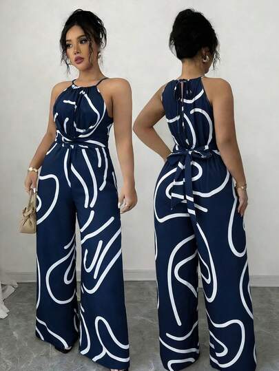 Elenzga Plus Size Women's Navy Blue & White Geometric Striped Sleeveless Halter Twist Waist Backless Bow Jumpsuit, Vintage Fashion Casual Romper For Date, Work, Vacation, Party, Summer