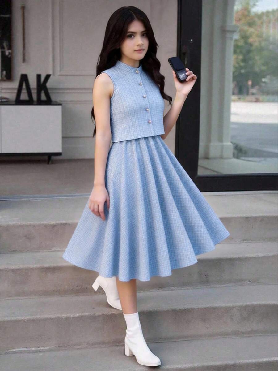 SHEIN 少女纯色纽扣前开襟无袖上衣和迷你裙优雅套装 - 淺藍色 - 查看 1