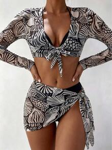 Swim Vcay 4pcs/Set Women Seashell Print Swimwear, Curve-Flattering Beach Outfit, Suitable For Spring, Summer, Autumn And Winter Vacation - Multicolor - View 3