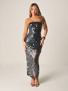 MISSGUIDED Đầm midi cúp ngực đính sequin dáng suông, thích hợp dự tiệc, dạ hội, các dịp trang trọng, ôm sát cơ thể. - màu đen - Xem 6