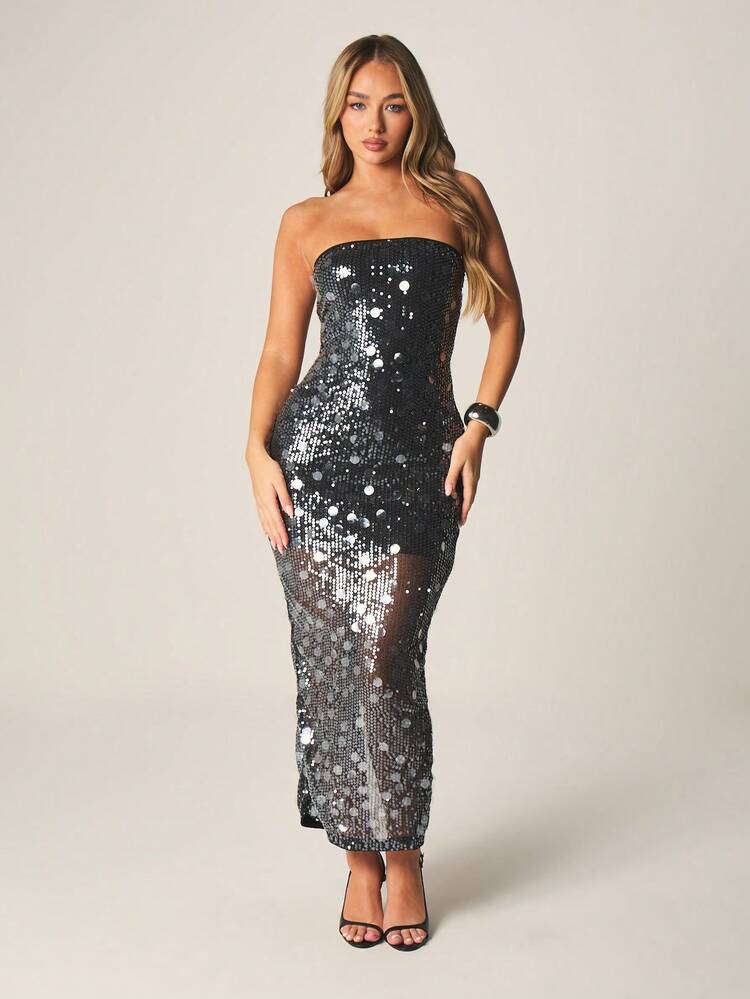 MISSGUIDED Strapless Sequin Bandeau Midi Dress With Column Silhouette Party Evening Formal Bodycon Occasion Wear