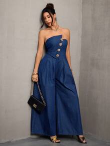 Selenza Women's Elegant Strapless Wide Leg Straight Leg Denim Jumpsuit With Gold Buttons - Dark Wash - View 1