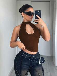 Jeanoix Women's Fashion Rivet Hollow Front Tight Halter Neck Tank Top, Summer Brown Top Sexy Tops For Club Brown Studded Top Women Sexy Tops - Coffee Brown - View 3