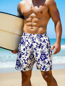 Manfinity KASUA Men's Floral Print Drawstring Waist Pocket Beach Shorts - Royal Blue - View 6
