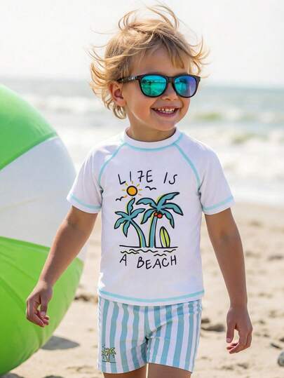 SHEIN Bubblio Young Boy Casual Loose Fit Round Neck Short Sleeve T-Shirt And Striped Shorts Swimwear Set, Suitable For Summer
