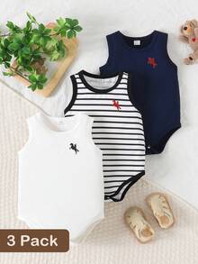 SHEIN 3pcs/Set Baby Boys' Casual Romper Outfit With Animal Horse Graphic Crew Neck Sleeveless - Navy Blue - View 3