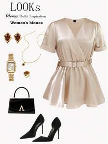 GlowEve Satin + Cinched Waist V-Neck Elegant Short Sleeve A-Line Blouse - Apricot - View 3