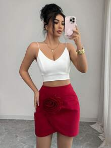 Rafferiza 女士立体花卉图案时尚百搭约会/外出迷你裙 - 紅色 - 查看 7