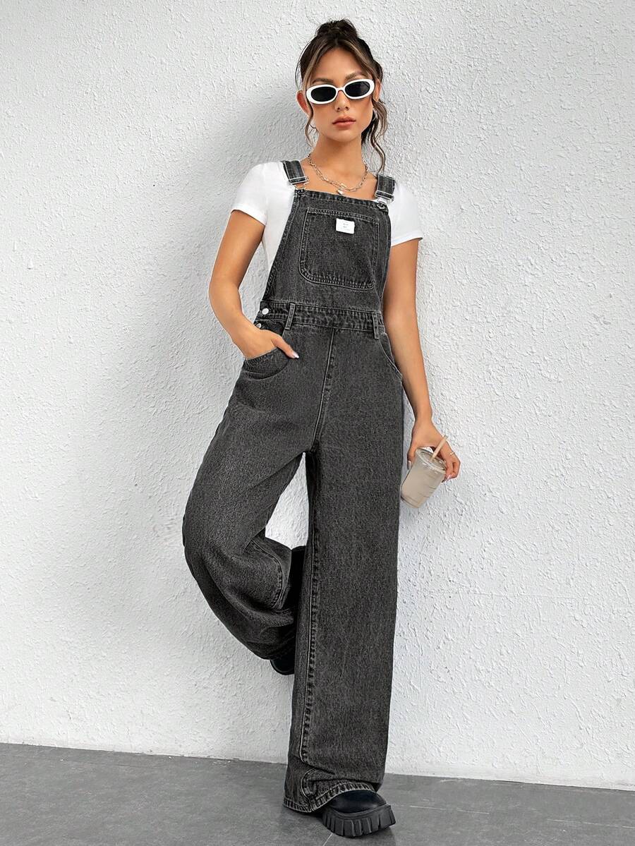 SHEIN EZwear 女士休闲牛仔背带裤,带口袋,街头风 - 黑色 - 查看 1