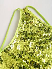 Sweetra Robe mini sans manches chic de vacances à ligne évasée avec décorations de bretelles élastiques asymétriques, taille cintrée avec sequins verts et perles - Vert - Voir 4