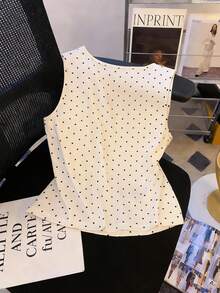 GlowEve 女士时尚波点印花方领蝴蝶结前襟撞色纽扣方领优雅浪漫休闲日常约会通勤晚宴马甲，春夏款 - 彩色 - 查看 2