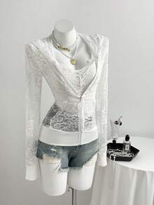 Elamini Women's Casual Versatile Vacation Hooded Sweatshirt, Tight-Fitting Sexy Lace White Sweatshirt, Summer - White - View 1