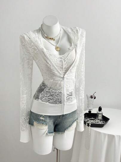 Elamini Women's Casual Versatile Vacation Hooded Sweatshirt, Tight-Fitting Sexy Lace White Sweatshirt, Summer