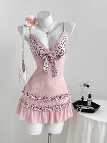 Elamini 女士豹纹拼接吊带连衣裙 - 粉色 - 查看 3