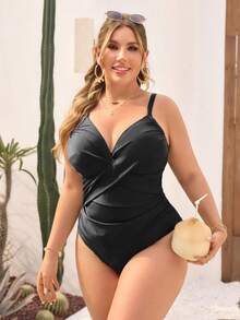Swim Lushoire Plus Size Women V-Neck One-Piece Swimsuit,Black,Summer,Classy,Formal,Beach,Evening,Holiday,Adjustable Thick Strap Criss-Cross Ruched Fitted Swimwear - Black - View 3