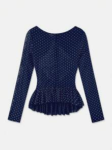 lacRébo 波点印花网纱长袖上衣，荷叶边下摆，复古风晚宴派对秋冬装 - 藍色 - 查看 7