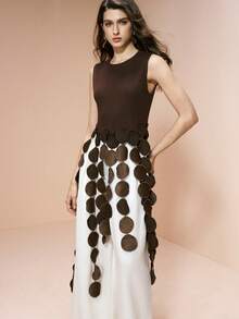 Arave 女士弹力针织不对称镂空圆形贴片流苏拼接优雅约会上衣 - 棕色 - 查看 8