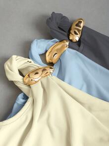 Sweetra 女士夏季欧美时尚纯色三件套，金属装饰扭结下摆不对称下摆修身休闲通勤百搭T恤 - 彩色 - 查看 6