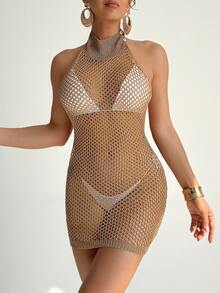 Swim SXY Summer Solid Color Halter Backless Sheer Sexy Beach Cover Up Dress - Brown - View 4