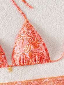 Swim Mod 3件套夏季沙滩度假印花纹理面料金色花朵装饰吊带上衣、侧系带泳裤和纯色网纱裙沙滩度假比基尼套装两件套沙滩装粉色和橙色比基尼粉色珊瑚比基尼性感沙滩度假套装假日两件套女士度假套装女士度假套装女士沙滩装比基尼套装带罩衫女士两件套女士沙滩装 - 彩色 - 查看 5