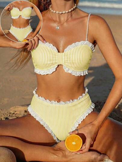 Swim Mod New Mesh Embroidery Decor Sweet Blue & White Striped Bikini Set