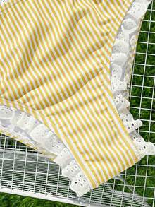 Swim Mod New Mesh Embroidery Decor Sweet Blue & White Striped Bikini Set - Yellow - View 3