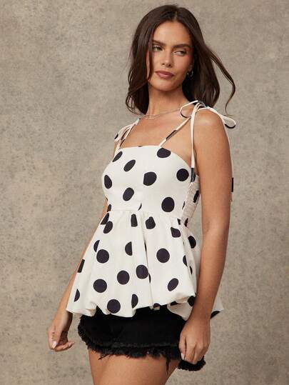 WESTFADE ドット柄 スクエアネック リボン ショルダー バブルヘム トップス