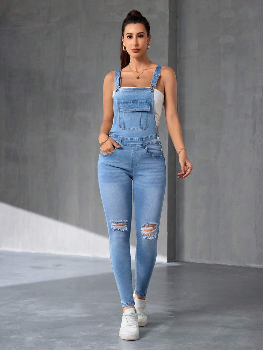 Flexra 女士纯色简约休闲牛仔连体裤 - 淺色水洗藍 - 查看 1