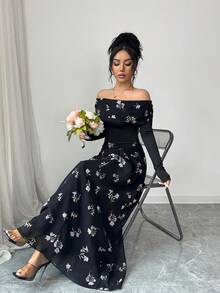 Modelyn 女士优雅无肩带印花上衣和高腰喇叭印花裙两件套 - 彩色 - 查看 3