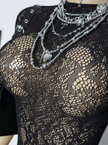 SHEIN DivaQ Women's Sexy Black Jacquard Cap Sleeve Bodycon Dress - Black - View 5