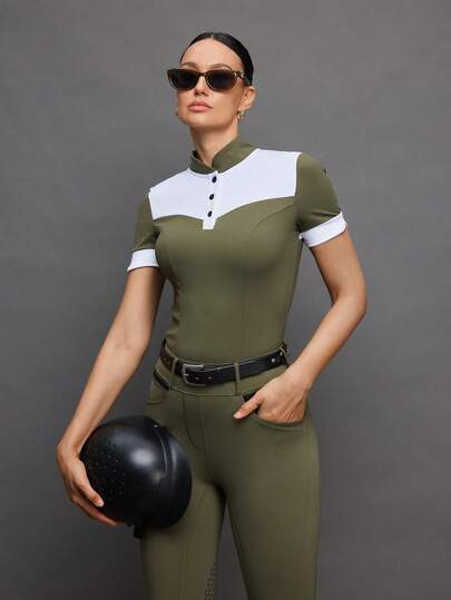 Activina 女士纽扣半开襟短袖立领撞色马术上衣