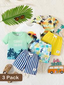 SHEIN Playful Pals 3件套婴幼儿休闲百搭字母树印花针织短袖T恤套装，春夏款 - 彩色 - 查看 3