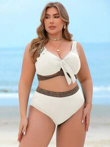 Swim Lushoire Bộ bikini hai mảnh dành cho nữ cỡ lớn, chất liệu vải gân, có dây buộc ngực và dây đeo dưới ngực, cạp cao, gợi cảm và thanh lịch cho kỳ nghỉ biển. - trắng - Xem 3