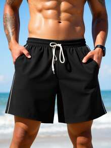 Manfinity KASUA Men's Elastic Waist Drawstring Loose Casual Beach Shorts, Summer - Black - View 6