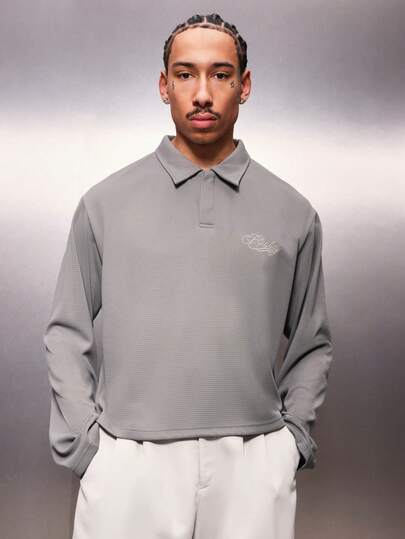 PLAYBOY X SUMWON Men's Essential Long Sleeve Collared Polo Shirt With Chest Logo Regular Fit Casual Ribbed Texture Top