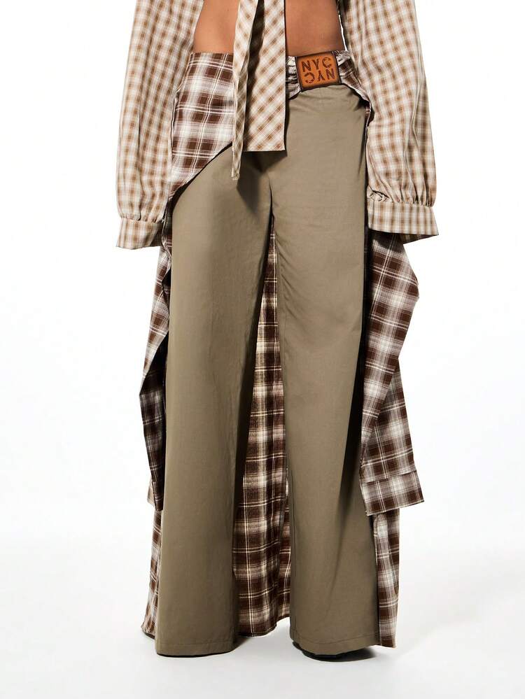 SUMWON WOMEN Pantalones cargo a cuadros de pierna ancha con bolsillos extragrandes