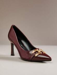 SHUZIA Women's Sculpted Mid Heel Pointed Toe Brushed-Metal Buckle Glossy Wine Heel Pumps–Elegant All-Occasion Style - Burgundy - View 6