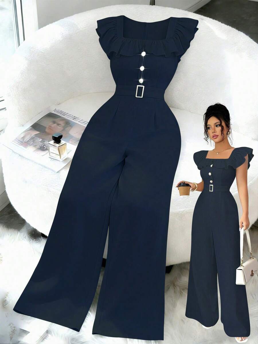 Elenzga 全新女式方领荷叶边仿门襟腰带装饰纽扣连体裤，优雅日常通勤修身高腰连体裤 - 寶藍色 - 查看 1