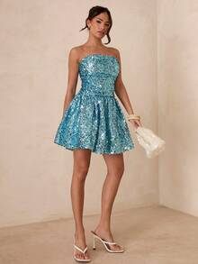 Glamine 女士亮片连衣裙、黑色连衣裙、无肩带连衣裙、时尚明星同款A字迷你连衣裙、派对鸡尾酒裙 - 藍色 - 查看 3