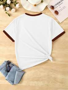 Tween Girl White Summer Cute School Back-To-School Brown Contrast Rhinestone Faux Pearl Bow Decor Graphic Print Chic Short T-Shirt,Casual Fashion - Multicolor - View 2