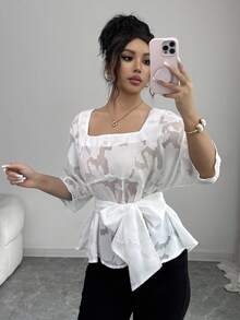 SHEIN Clasi Women's Elegant Cutout Mesh Loose Waist Square Collar Cinched Waist White Short Sleeve Blouse, Versatile For Daily, Commute, Date - White - View 1